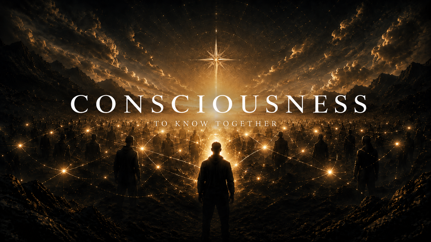 Conscience: To know together. A landscape of figures connected by points of light.